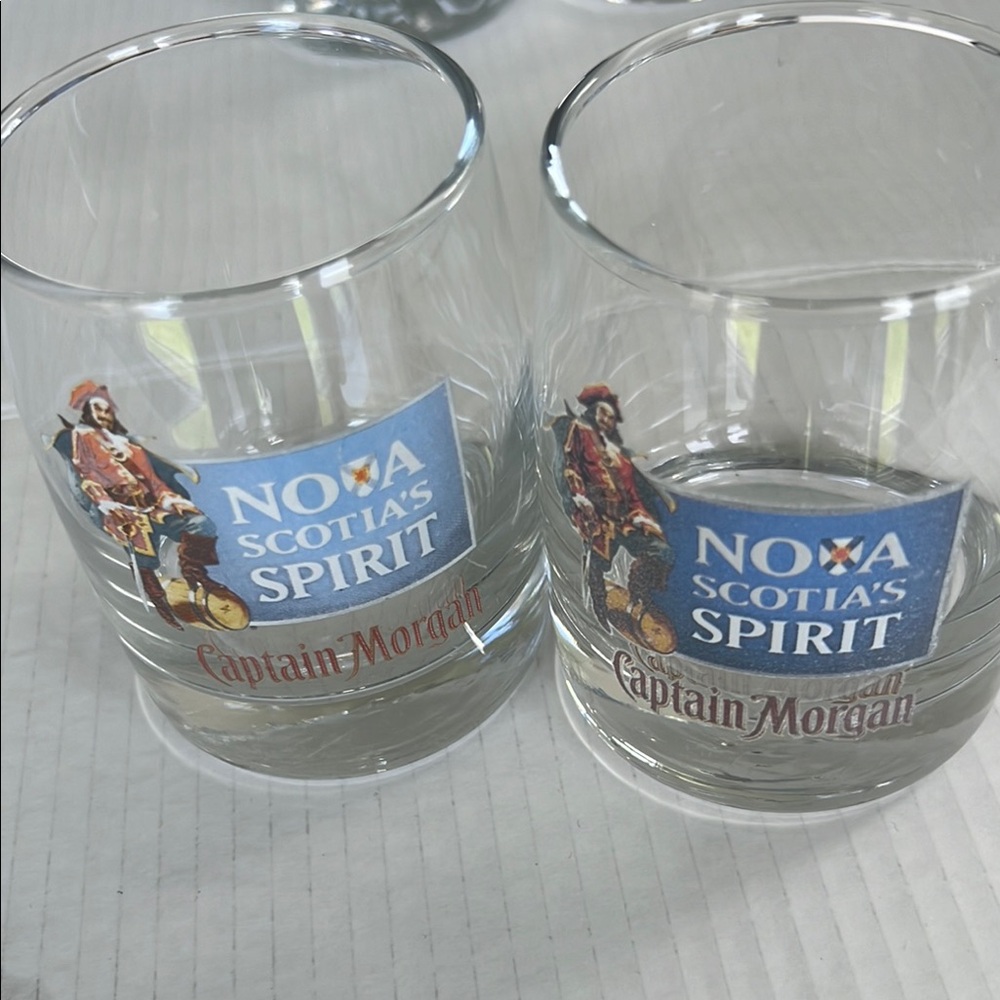 Captain Morgan, “Nova Scotia’s Spirit”, heavy base rum glasses, set of 2, used.